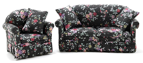 Sofa and Chair Set, Black Floral